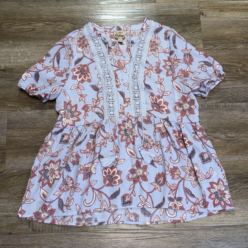 Como Vintage Light Blue Short-Sleeve Floral Peasant Blouse Womens Small w/Tassel